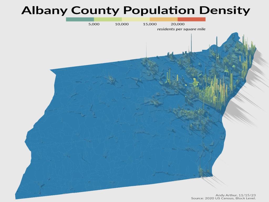 Thematic Map: Albany County Population Density - 3D Rendering Thematic Map: Albany County Population Density - 3D Rendering